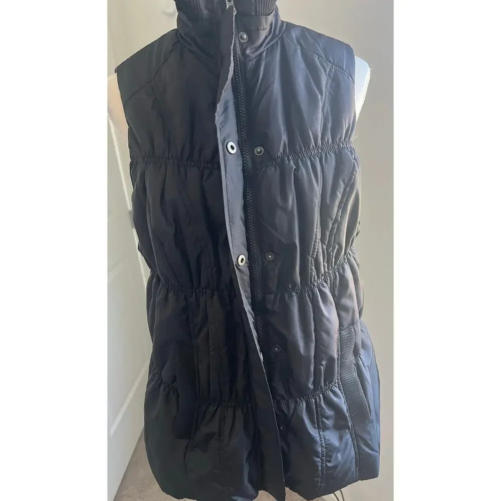 Avenue Stretchy Ruched Puffer Black with Pockets Sleeveless Zip Up Vest Sz 14/16